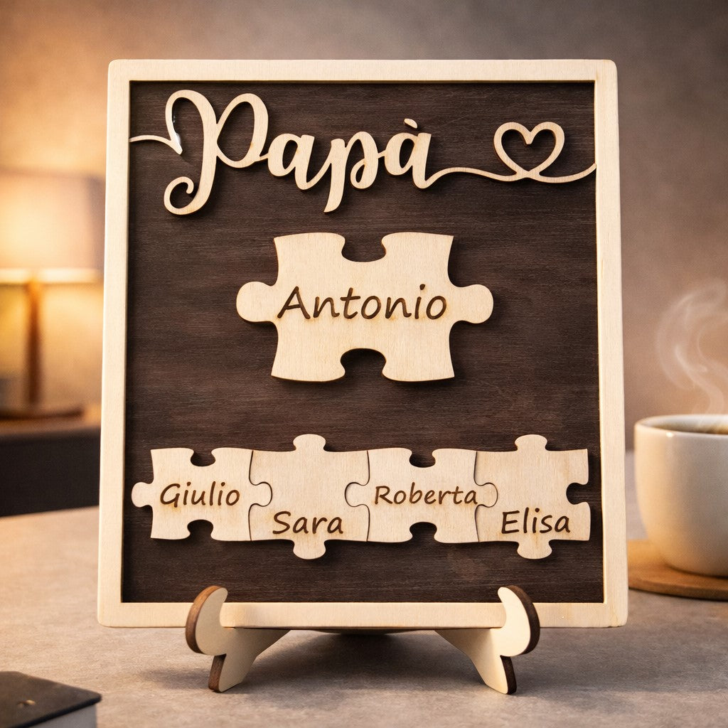 Quadretto Personalizzato “Papà” con Nomi – Puzzle in Legno Inciso 25x20 cm