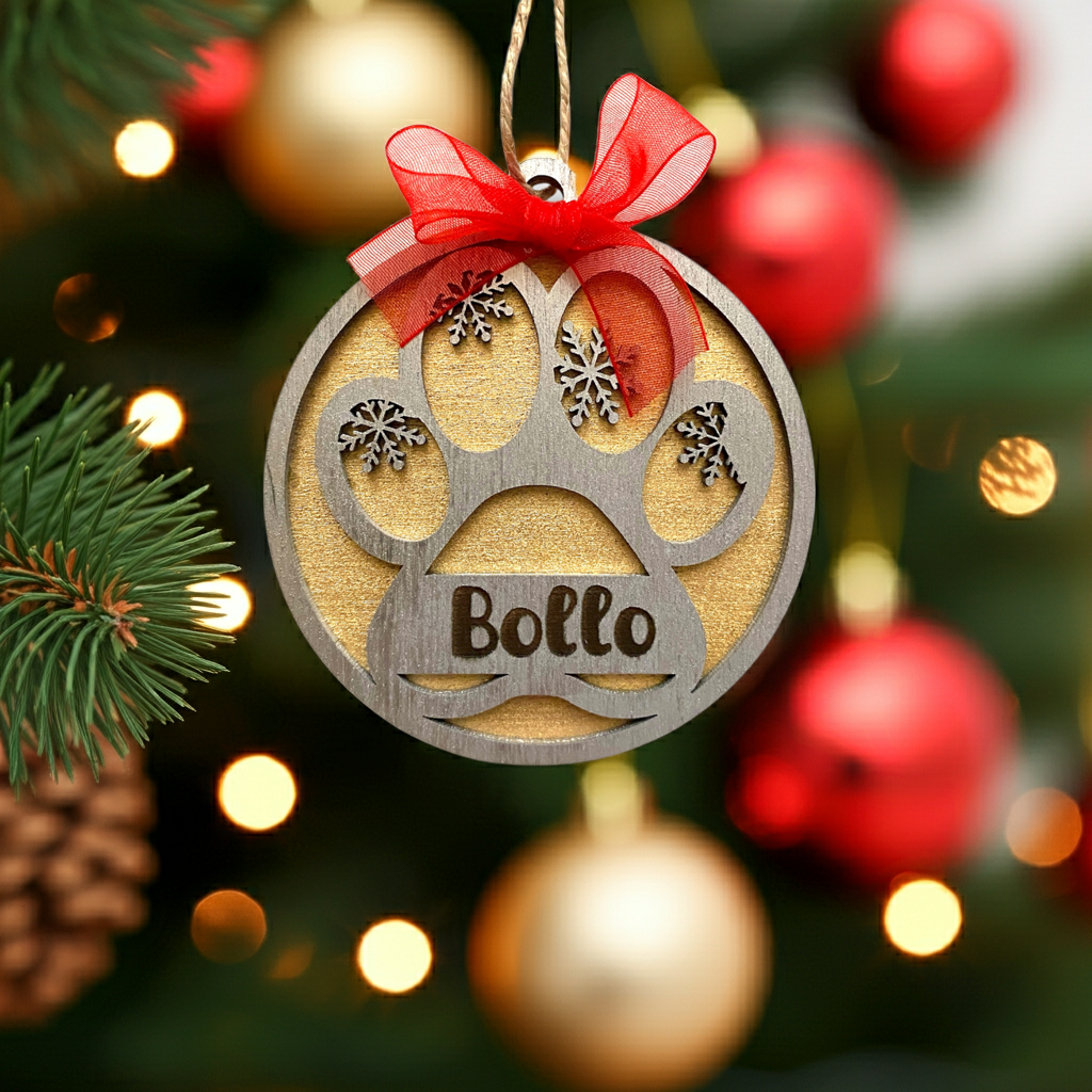 Decorazione Natalizia 2 Strati - Zampa Gatto - Personalizzata con NOME